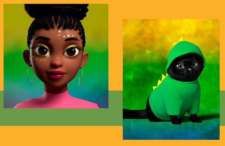 Imagem da nossa influenciadora digital Nat Natura, que utiliza um look com o Gel Glitter Faces nas pálpebras, testa e maçã do rosto. Ao seu lado está o gatinho Murumuru, também virtual, com uma roupinha verde e amarela.